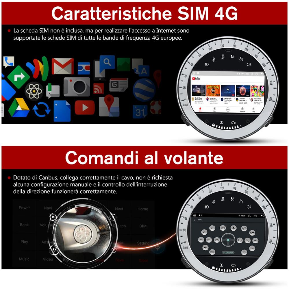 AWESAFE Autoradio Per Bmw Mini Cooper R60 (2006-2013) Wireless Carplay Android Auto Bluetooth Usb Wifi 4g Fm Gps Comandi Al Volante