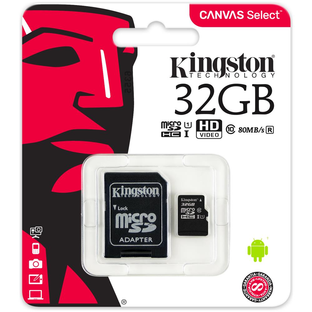 KINGSTON MicroSD da 32 GB Velocità UHS-I di Classe 10 fino a 80MB / s in lettura + Adattore SD