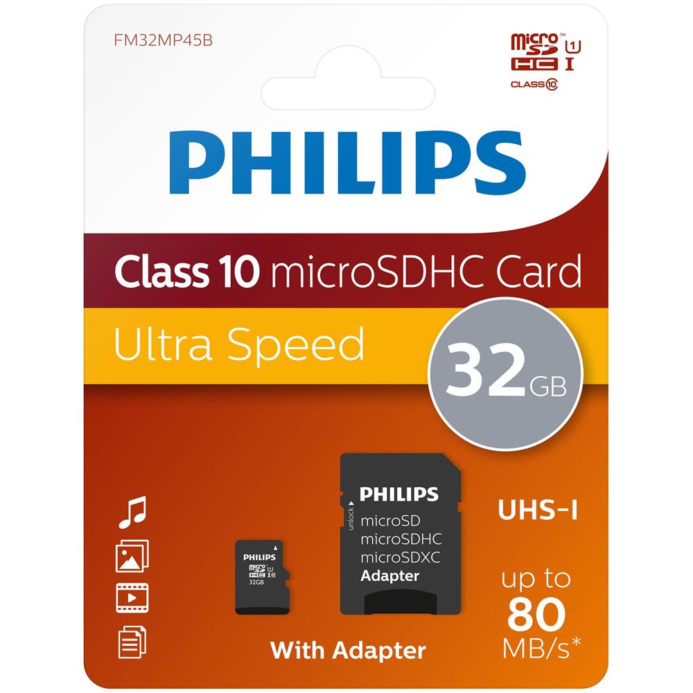 PHILIPS 32GB microSD, 32 GB, Micro Secure Digital (MicroSD) , Nero, SD