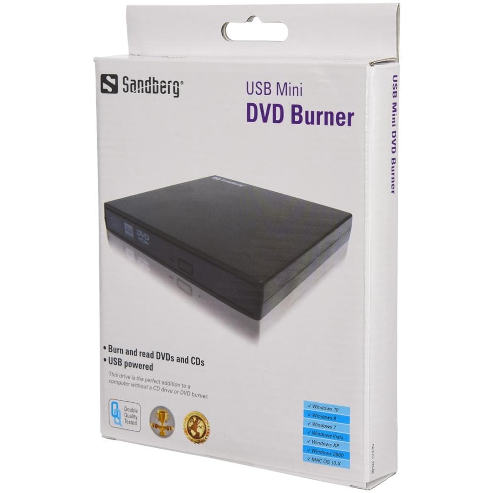 SANDBERG USB Mini DVD Burner permette di leggere e masterizzare CD eDVD. È un complemento perfetto per il computer, che non necessità più di un lettore CD o di un masterizzatore DVD. Lunità è alimentata dalla porta USB del computer, quindi può essere util