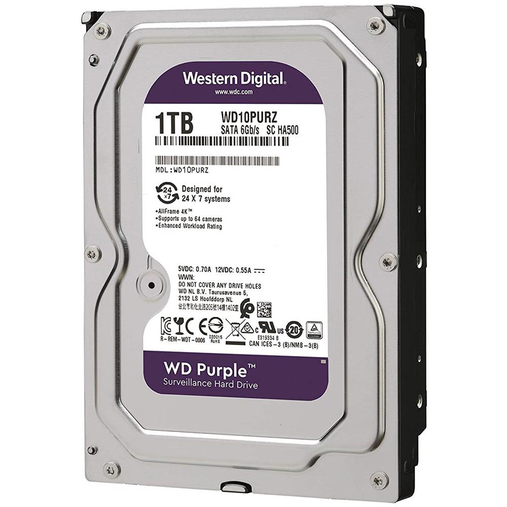 WESTERN DIGITAL Hard Disk per Sistemi di Videosorveglianza WD Purple 1 TB 3.5" Interfaccia Sata III 6 Gb / s Buffer 64 Mb 5400 rpm