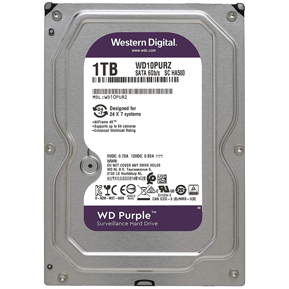 WESTERN DIGITAL Hard Disk per Sistemi di Videosorveglianza WD Purple 1 TB 3.5" Interfaccia Sata III 6 Gb / s Buffer 64 Mb 5400 rpm